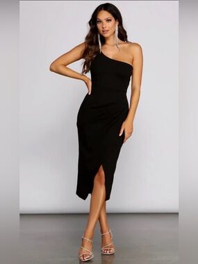 Women's Black One-Shoulder Midi Dress